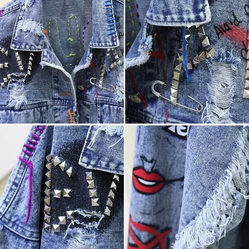 Spring Autumn Rivet Beaded Line Tassel Letter Graffiti Print Women Denim Jacket 2026 Casual Hole Denim Jacket Veste Femme