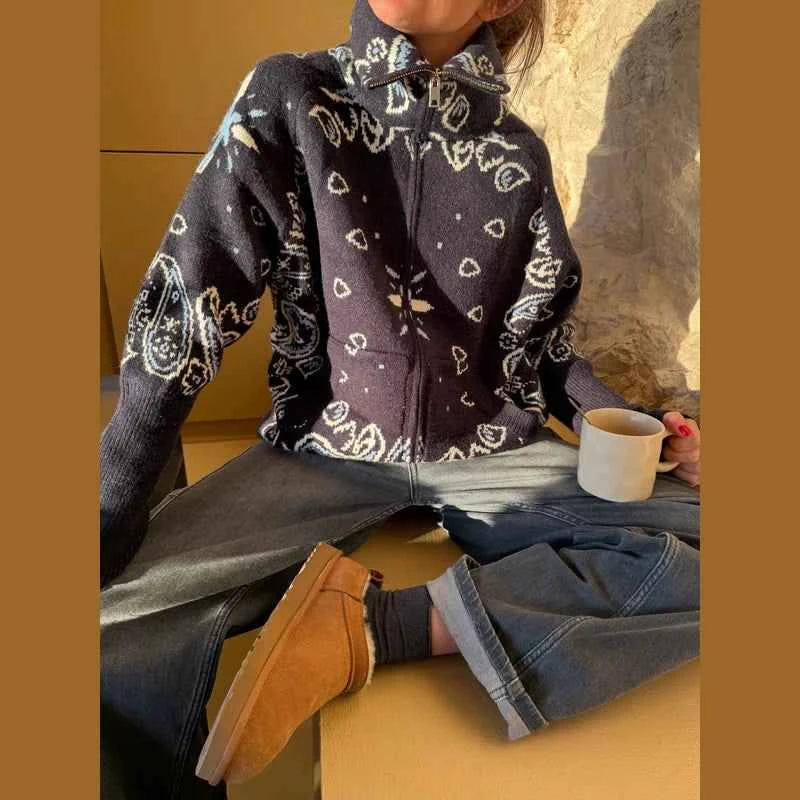Warm Printed High Collar Knit Cardigans Women Contrast Jacquard Zipper Full Sleeve Pocket Sweater 2026 Spring Lady Chic Knitwear