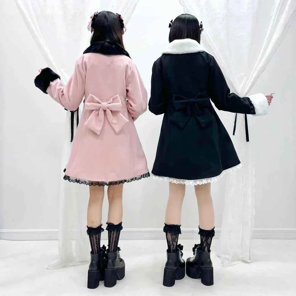 Japanese Sweet Winter Woolen Coat Lolita Style Cute Big Bow Fungus Edge Long Sleeve Slim Kawaii Girls Women Elegant Overcoat