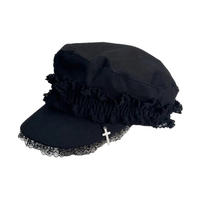 Japanese Women Double Layers Lace Beret Cap Fashion 2000s Girls Gothic Punk Cross Pendant Octagonal Hat Street Photography Hat SS69 24.69 black