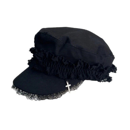 Japanese Women Double Layers Lace Beret Cap Fashion 2000s Girls Gothic Punk Cross Pendant Octagonal Hat Street Photography Hat SS69 24.69 black