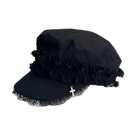 Japanese Women Double Layers Lace Beret Cap Fashion 2000s Girls Gothic Punk Cross Pendant Octagonal Hat Street Photography Hat SS69 24.69 black