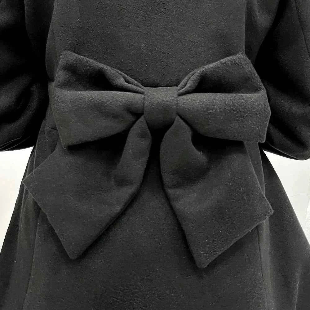Japanese Sweet Winter Woolen Coat Lolita Style Cute Big Bow Fungus Edge Long Sleeve Slim Kawaii Girls Women Elegant Overcoat