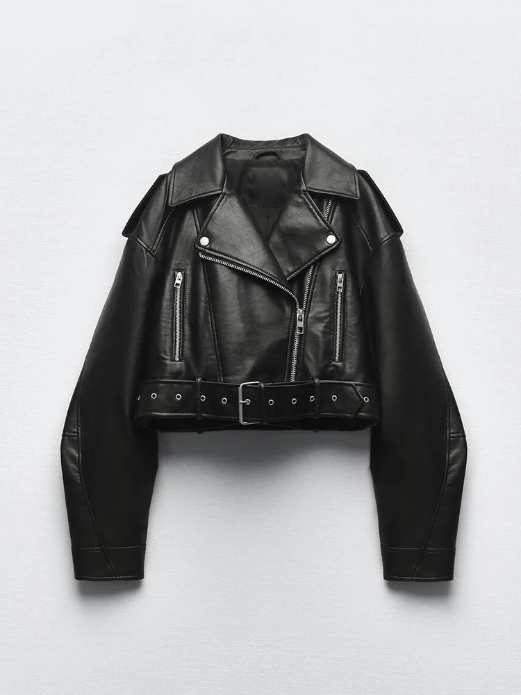 Ailegogo Women's Faux Leather Moto Jacket with Belt