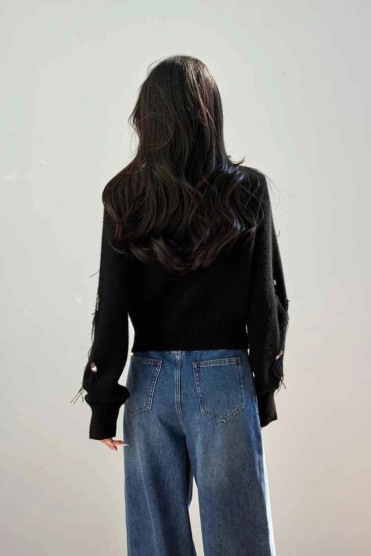 H Han Queen Autumn Simple Basic Black Tasseled Sequins Knitted Coats Cardigan Sweater For Womens Tops Long Sleeve Cardigans