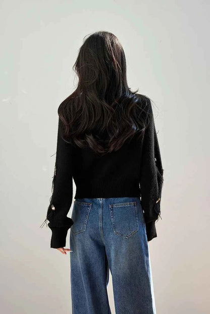 H Han Queen Autumn Simple Basic Black Tasseled Sequins Knitted Coats Cardigan Sweater For Womens Tops Long Sleeve Cardigans