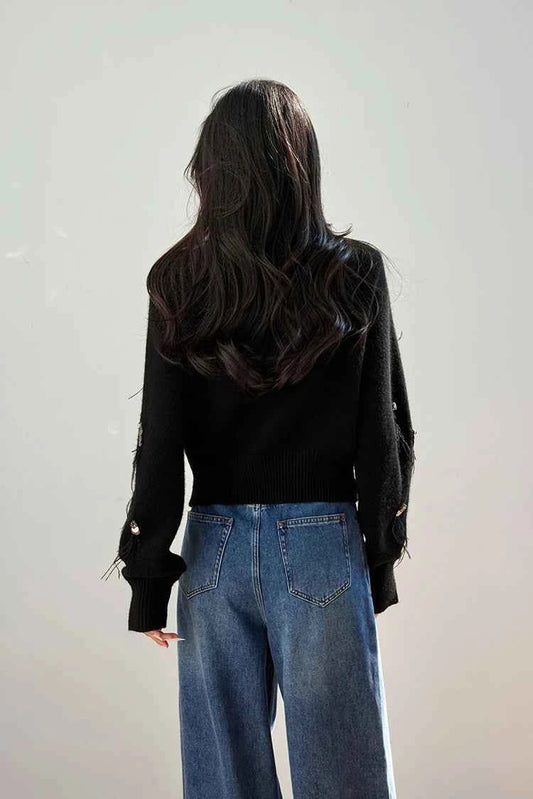 H Han Queen Autumn Simple Basic Black Tasseled Sequins Knitted Coats Cardigan Sweater For Womens Tops Long Sleeve Cardigans