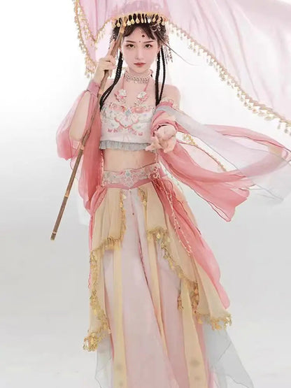 Dunhuang Feitian Chinese style printed silk Hanfu 4-piece set, high-end retro Hanfu, high-end satin embroidery craftsmanship SS69