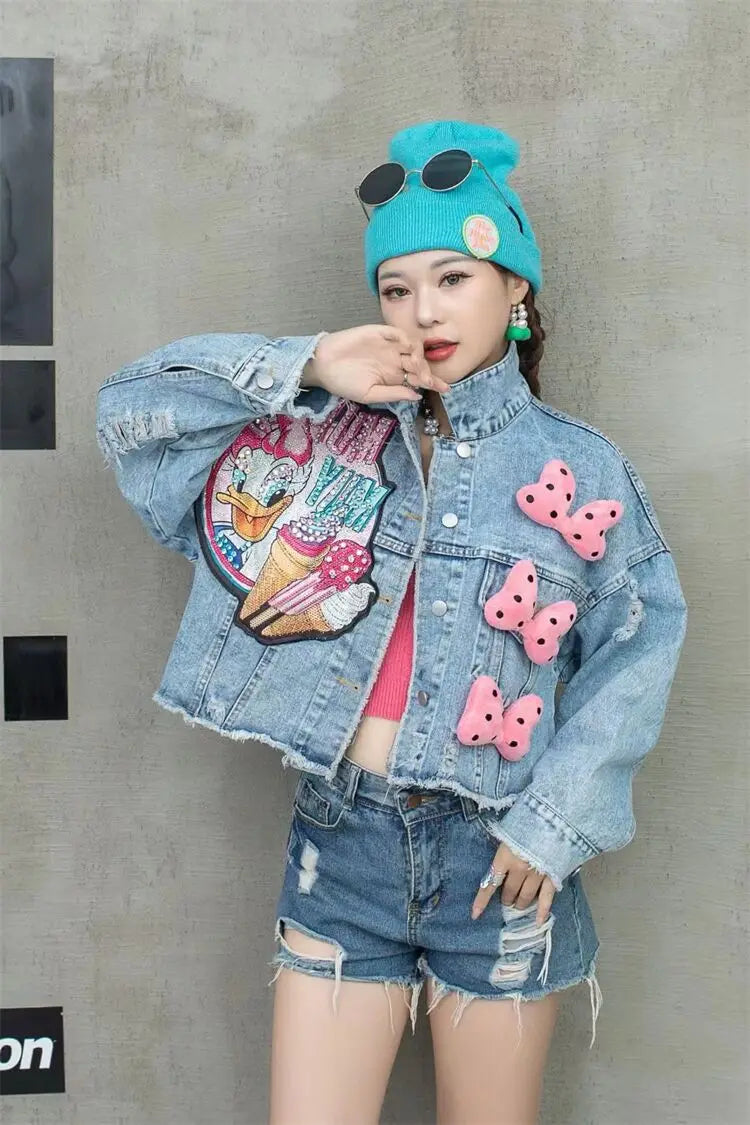 2024 New Women Coat Cartoon Sticker Embroidered Sequin Short Denim Jacket Loose Bowknot Top SS69