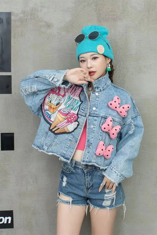 2024 New Women Coat Cartoon Sticker Embroidered Sequin Short Denim Jacket Loose Bowknot Top SS69
