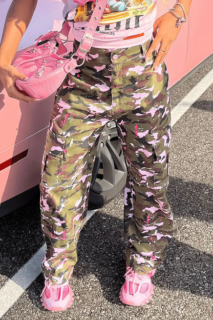 FAGADOER Pink Camouflage Print Pants Women Y2K Streetwear Button Pocket patchwork Straight Pants Hot girl Bottoms 2025 SS69
