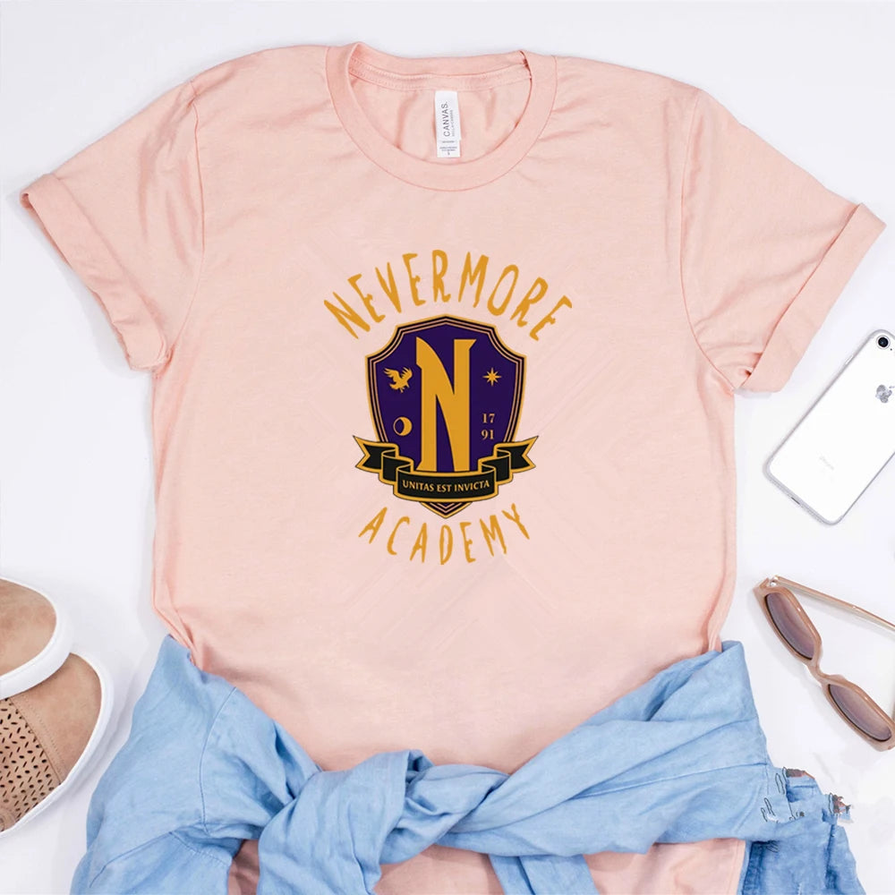 TV Series Addams Wednesday Family T-shirt Nevermore Academy Shirt Wednesday Addams Jenna Ortega Shirt Cool Goth Short Sleeve Tee SS69 24.69 Pink / XL