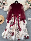 SINGREINY Senior Knitted Patchwork Dress Long Lantern Sleeves Bow Mesh Embroidery Floral Women Autumn France Elegant Party Dress