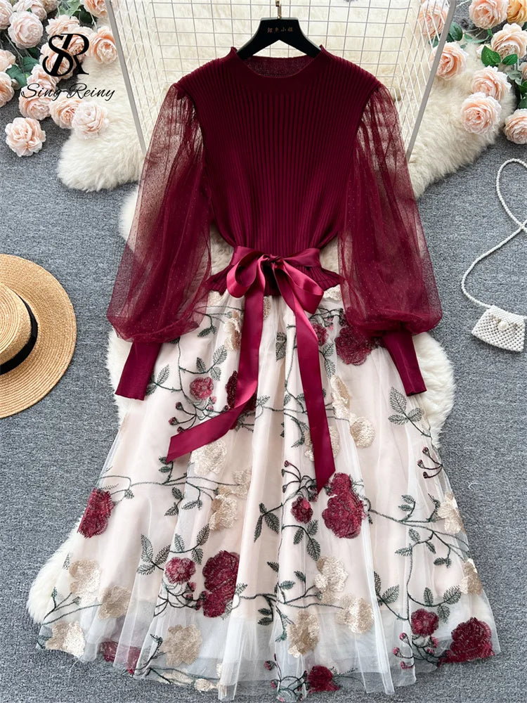 SINGREINY Senior Knitted Patchwork Dress Long Lantern Sleeves Bow Mesh Embroidery Floral Women Autumn France Elegant Party Dress