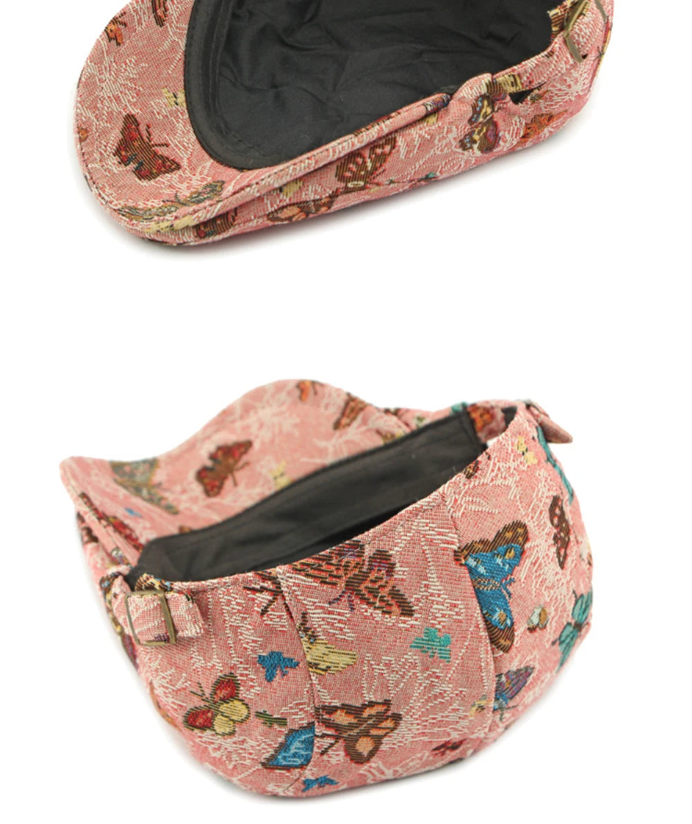 Women's Butterfly Embroidery Cotton Beret Hat - Adjustable Painter Cap