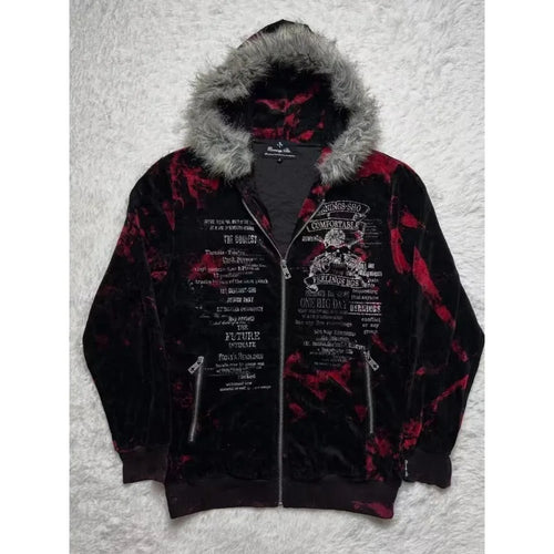 New Gothic geometric print red gradient zipper hoodie women fashion high street fur collar loose sweatshirt for men and women