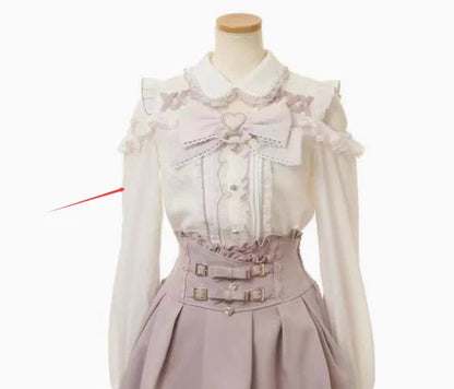 Japanese Liz Mine Women's Shirt Summer Off Shoulder Big Bow Short Sleeve Top Cute Girl BlousesHigh Waist Skirt 2 Piece Skirt Set SS69 61.69 long sleeve  shirt / XL