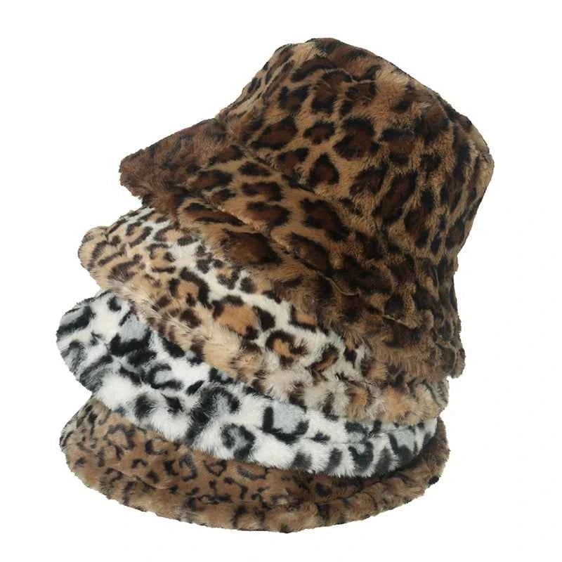 Winter Bucket Hat Women's Fashion Leopard Panama Warm Hats Female Vintage Faux Fur Fisherman Cap Hats For Women Dropshipping