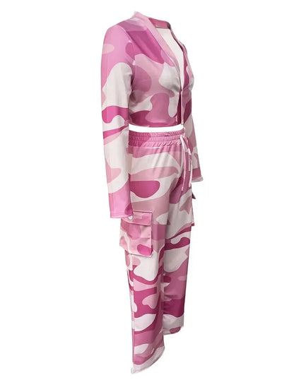 Camo Print Cargo Pants Sets Sexy Crop Tops & Elastic High Waist Wide Leg Trousers Women's Two Pieces Set Casual SweatOutfits SS69