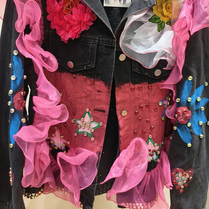 Graffiti Sequins Lace Diamonds Beaded Mesh Splice Ruffles Denim Coat Loose Rivets Jeans Jacket Cardigan Rhinestones Cowboy Tops SS69
