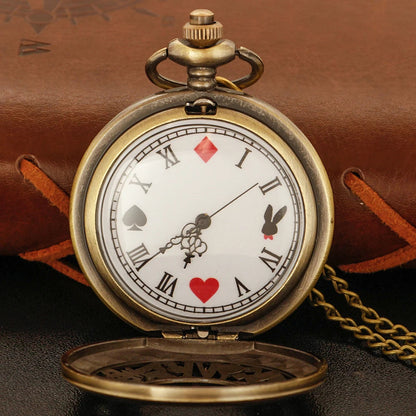 Bronze Fairy Tale Alice Poker Rabbit Hollow Characteristic Quartz Pocket Watch Retro Men's and Women's Necklace Pendant Gift SS69