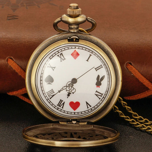 Bronze Fairy Tale Alice Poker Rabbit Hollow Characteristic Quartz Pocket Watch Retro Men's and Women's Necklace Pendant Gift SS69