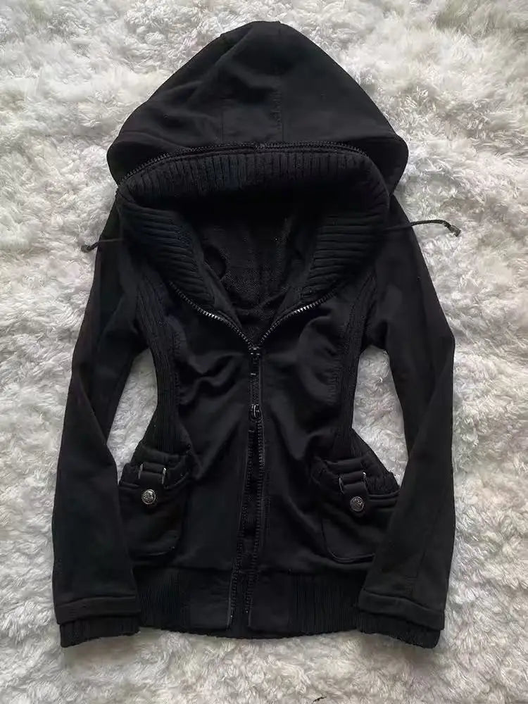 Women Y2K Gothic Zip Up Hoodie Red Faux Fur Collar Embroidery Rhinestone Hooded Jacket Grunge Streetwear Casual Sweatshirt