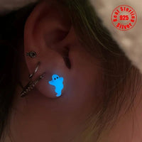 Silver S925 Luminous Ghost Stud Earrings, Glow in the Dark, Fun Design, Unisex, Lightweight, No Feather, for Halloween, Easter, General Use & Day of the Dead - Use Without Electricity - SS69