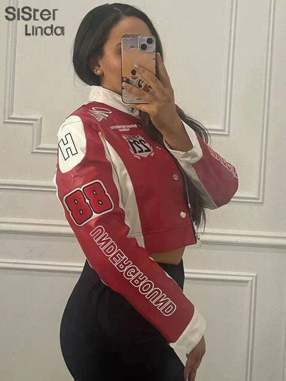 Sisterlinda Autumn Release Junior Girl Knit Letter Printing Slim Fit Jacket Fashion Locomotive Wind High Street Coat K24C55462 SS69