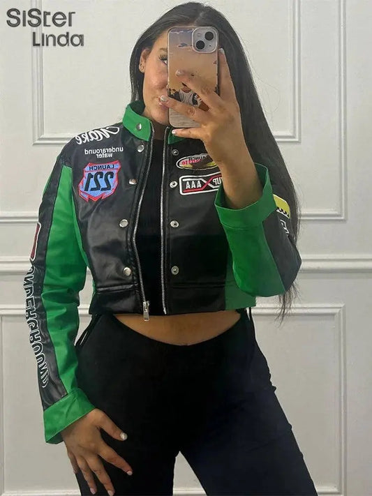 Sisterlinda Autumn Release Junior Girl Knit Letter Printing Slim Fit Jacket Fashion Locomotive Wind High Street Coat K24C55462 SS69