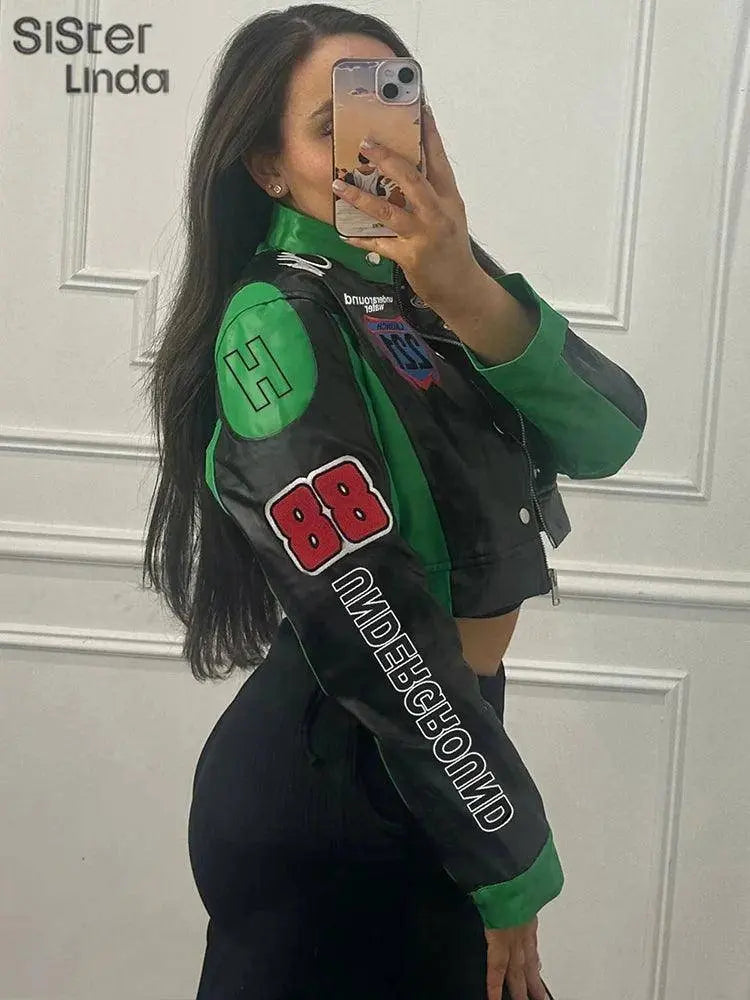 Sisterlinda Autumn Release Junior Girl Knit Letter Printing Slim Fit Jacket Fashion Locomotive Wind High Street Coat K24C55462 SS69