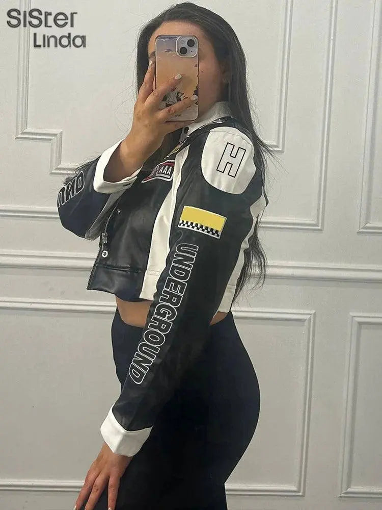 Sisterlinda Autumn Release Junior Girl Knit Letter Printing Slim Fit Jacket Fashion Locomotive Wind High Street Coat K24C55462 SS69