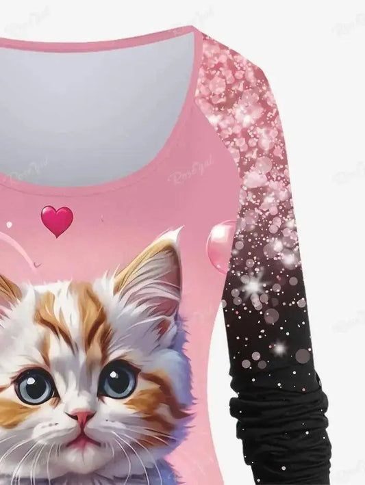 Sleeve T-shirt and Leggings Plus Size Outfits conjuntos para mujeres 2 piezas Valentine's Day Cat Glitter 3D Printed Raglan SS69