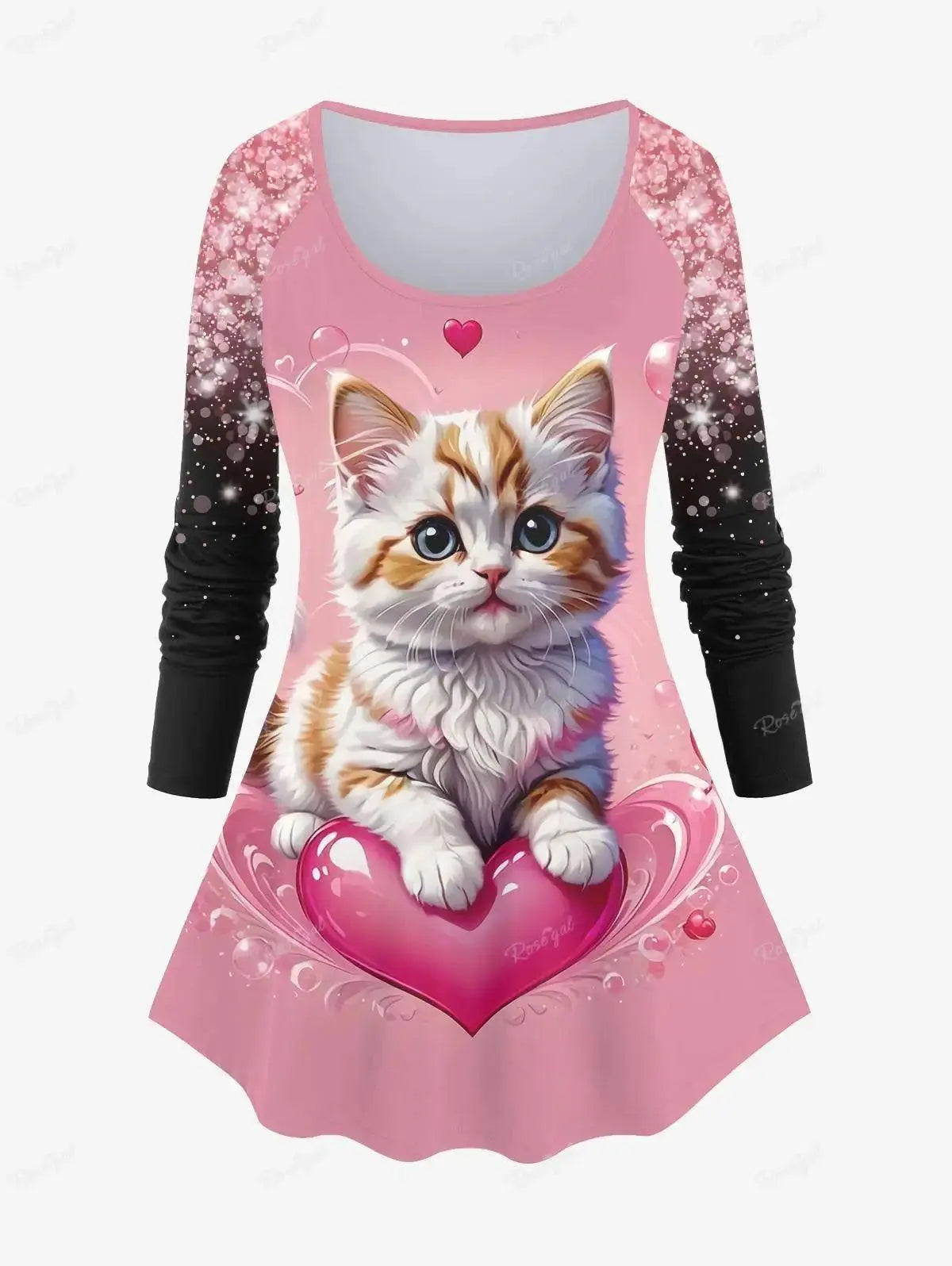 Sleeve T-shirt and Leggings Plus Size Outfits conjuntos para mujeres 2 piezas Valentine's Day Cat Glitter 3D Printed Raglan SS69 54.69 Top / XXXL