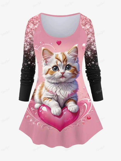 Sleeve T-shirt and Leggings Plus Size Outfits conjuntos para mujeres 2 piezas Valentine's Day Cat Glitter 3D Printed Raglan SS69 54.69 Top / XXXL