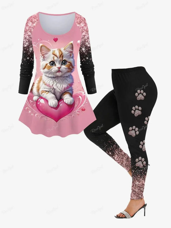 Sleeve T-shirt and Leggings Plus Size Outfits conjuntos para mujeres 2 piezas Valentine's Day Cat Glitter 3D Printed Raglan SS69 80.69 Set / XXXL