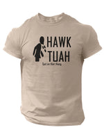 Slogans Hawk Tuah Print Men's Crew Neck Short Sleeve T-shirt, Summer Casual Versatile Top For Outdoor Fitness & Daily - SS69