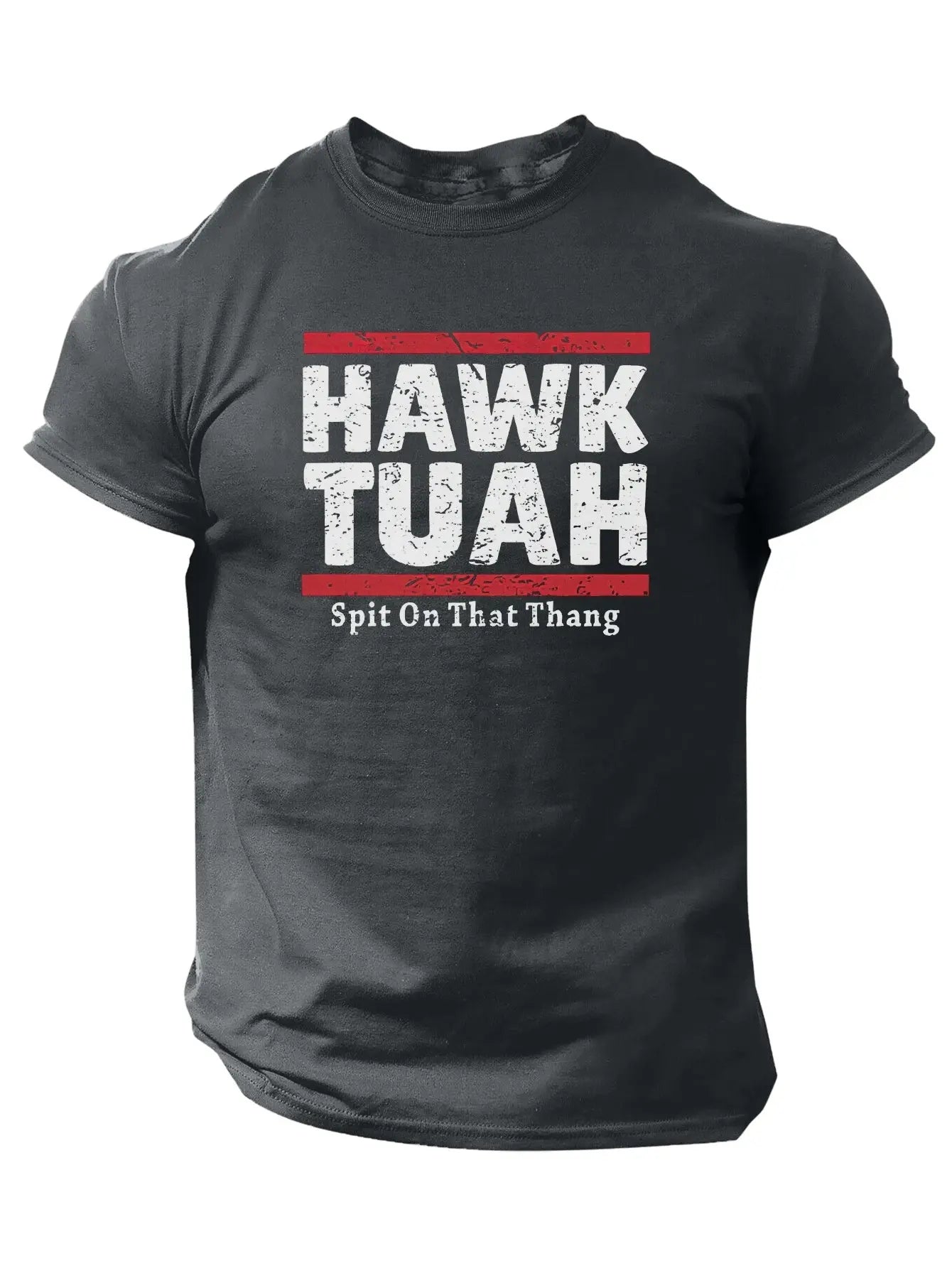 Slogans Hawk Tuah Print Men's Crew Neck Short Sleeve T-shirt, Summer Casual Versatile Top For Outdoor Fitness & Daily - SS69