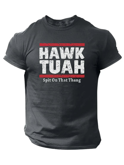 Slogans Hawk Tuah Print Men's Crew Neck Short Sleeve T-shirt, Summer Casual Versatile Top For Outdoor Fitness & Daily - SS69