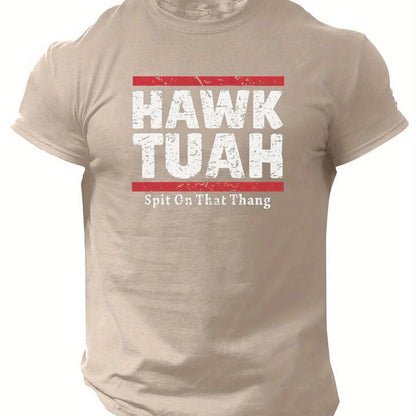 Slogans Hawk Tuah Print Men's Crew Neck Short Sleeve T-shirt, Summer Casual Versatile Top For Outdoor Fitness & Daily - SS69