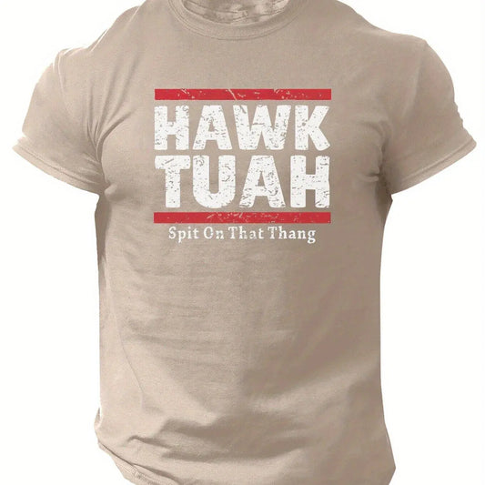 Slogans Hawk Tuah Print Men's Crew Neck Short Sleeve T-shirt, Summer Casual Versatile Top For Outdoor Fitness & Daily - SS69