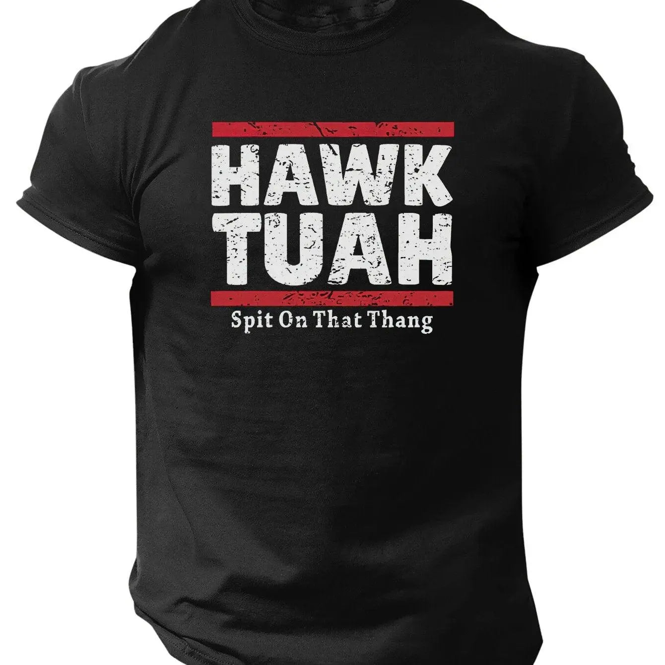 Slogans Hawk Tuah Print Men's Crew Neck Short Sleeve T-shirt, Summer Casual Versatile Top For Outdoor Fitness & Daily - SS69