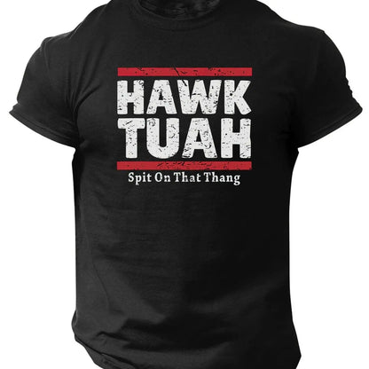 Slogans Hawk Tuah Print Men's Crew Neck Short Sleeve T-shirt, Summer Casual Versatile Top For Outdoor Fitness & Daily - SS69