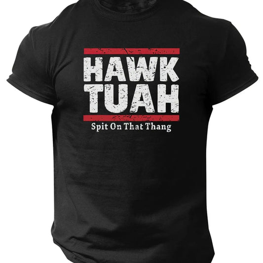 Slogans Hawk Tuah Print Men's Crew Neck Short Sleeve T-shirt, Summer Casual Versatile Top For Outdoor Fitness & Daily - SS69