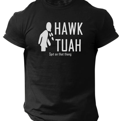 Slogans Hawk Tuah Print Men's Crew Neck Short Sleeve T-shirt, Summer Casual Versatile Top For Outdoor Fitness & Daily - SS69