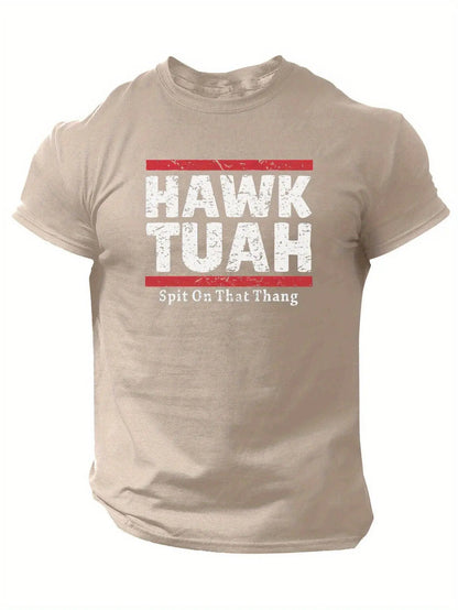 Slogans Hawk Tuah Print Men's Crew Neck Short Sleeve T-shirt, Summer Casual Versatile Top For Outdoor Fitness & Daily - SS69