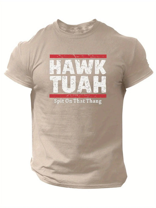 Slogans Hawk Tuah Print Men's Crew Neck Short Sleeve T-shirt, Summer Casual Versatile Top For Outdoor Fitness & Daily - SS69