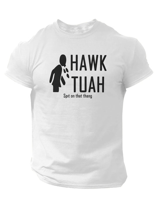 Slogans Hawk Tuah Print Men's Crew Neck Short Sleeve T-shirt, Summer Casual Versatile Top For Outdoor Fitness & Daily - SS69