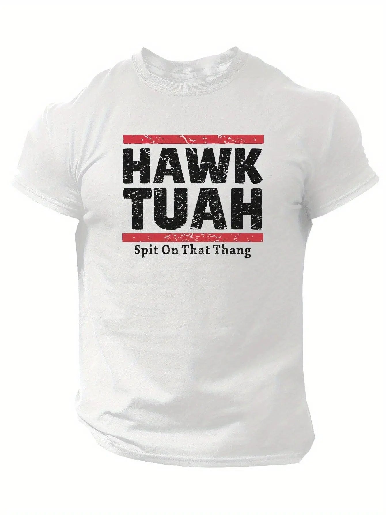 Slogans Hawk Tuah Print Men's Crew Neck Short Sleeve T-shirt, Summer Casual Versatile Top For Outdoor Fitness & Daily - SS69