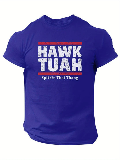 Slogans Hawk Tuah Print Men's Crew Neck Short Sleeve T-shirt, Summer Casual Versatile Top For Outdoor Fitness & Daily - SS69